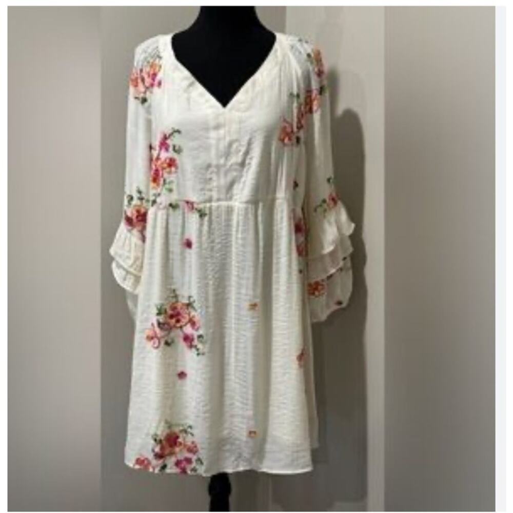 Fig & Flower Womens Embroidered Bohemian Dress White Floral L Summer Romantic